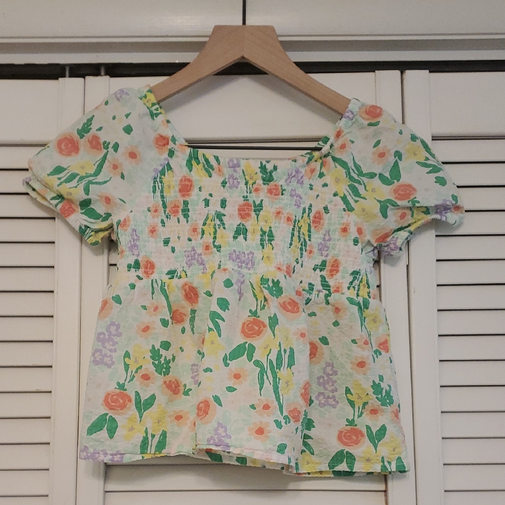 Cat & Jack Floral Puff Sleeve 100% Cotton Spring Top, Size 8